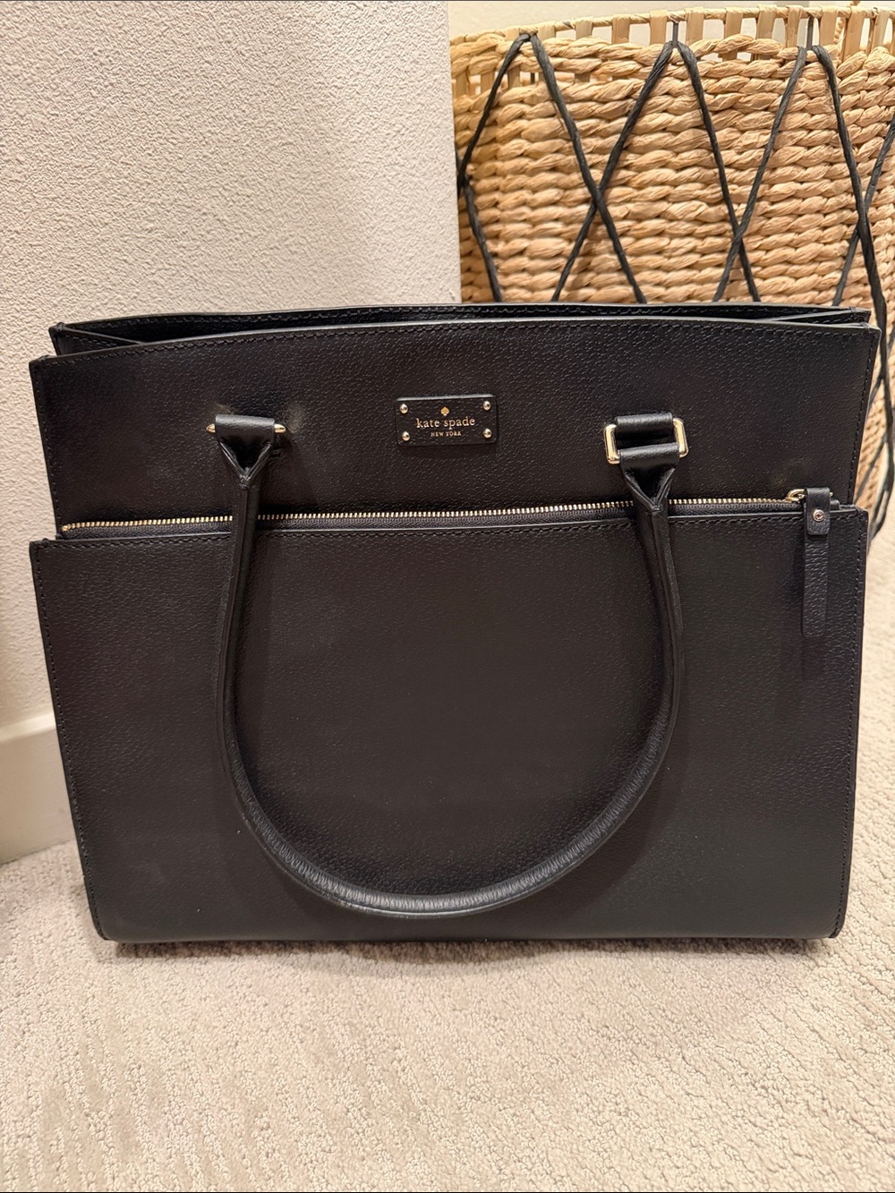 kate spade Black Pebbled Leather Tote with Front Zip Pocket